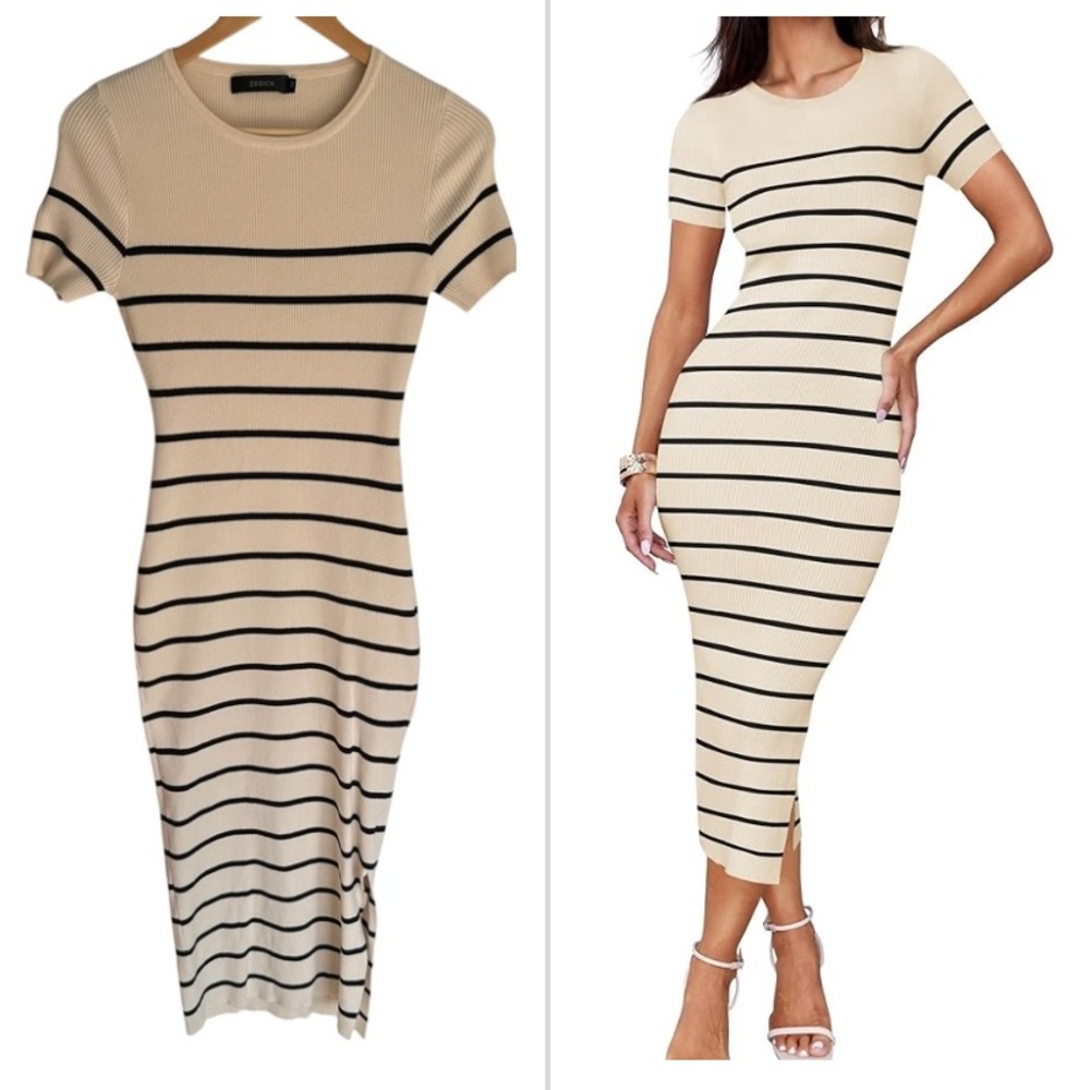 ZESICA Ribbed Knit Striped Midi Dress – Size M 🖤🤍